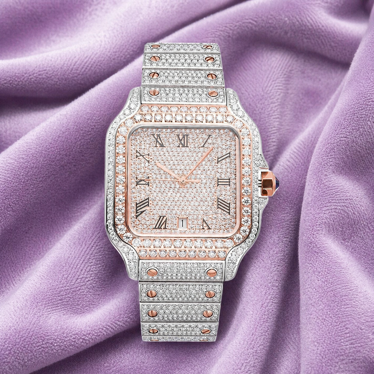Bust Down VVS Moissanite Watch 14K Rose Gold 42MM 16 CT