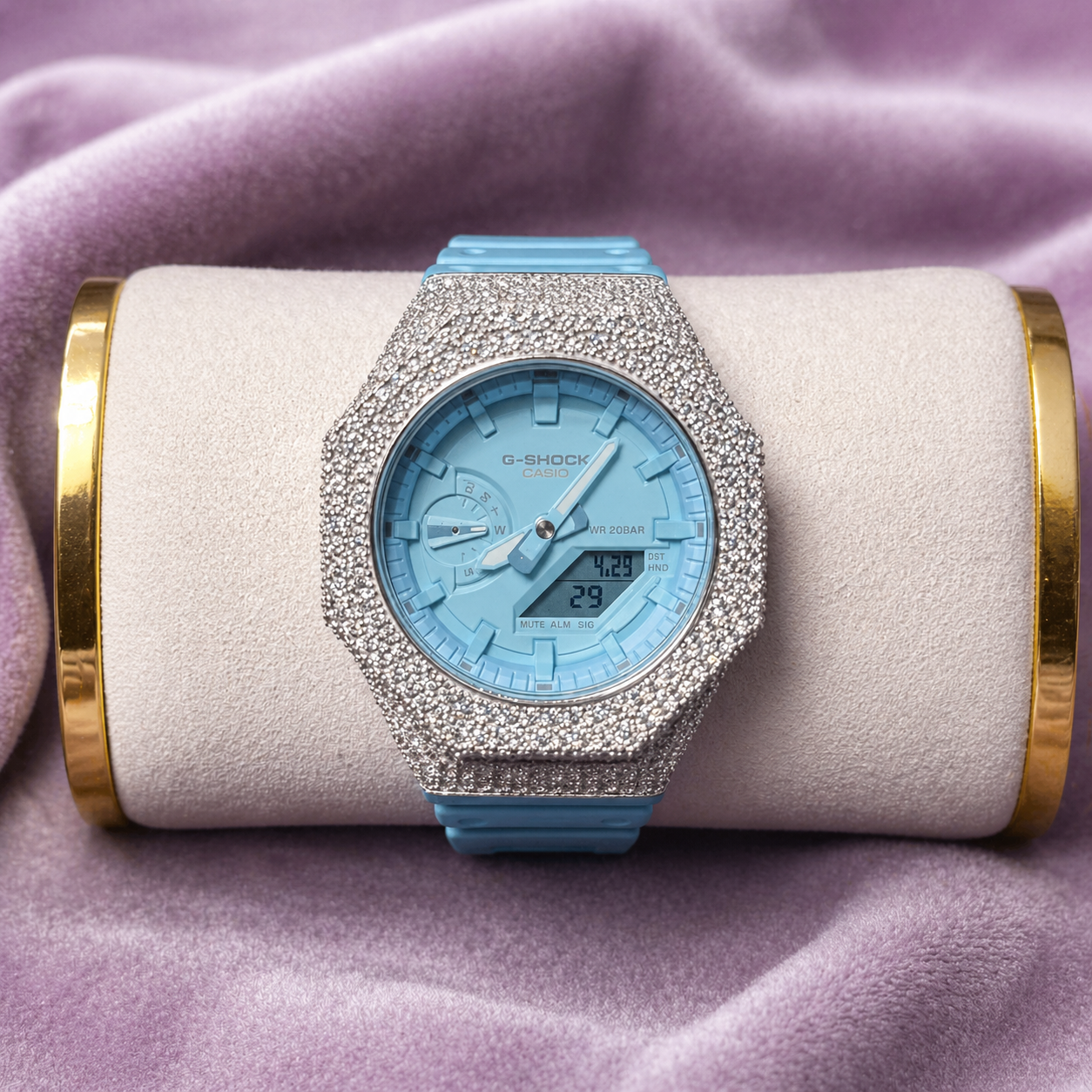 Custom Iced Moissanite 925 Silver Watch Built on Genuine Casio G-SHOCK – Ice Blue