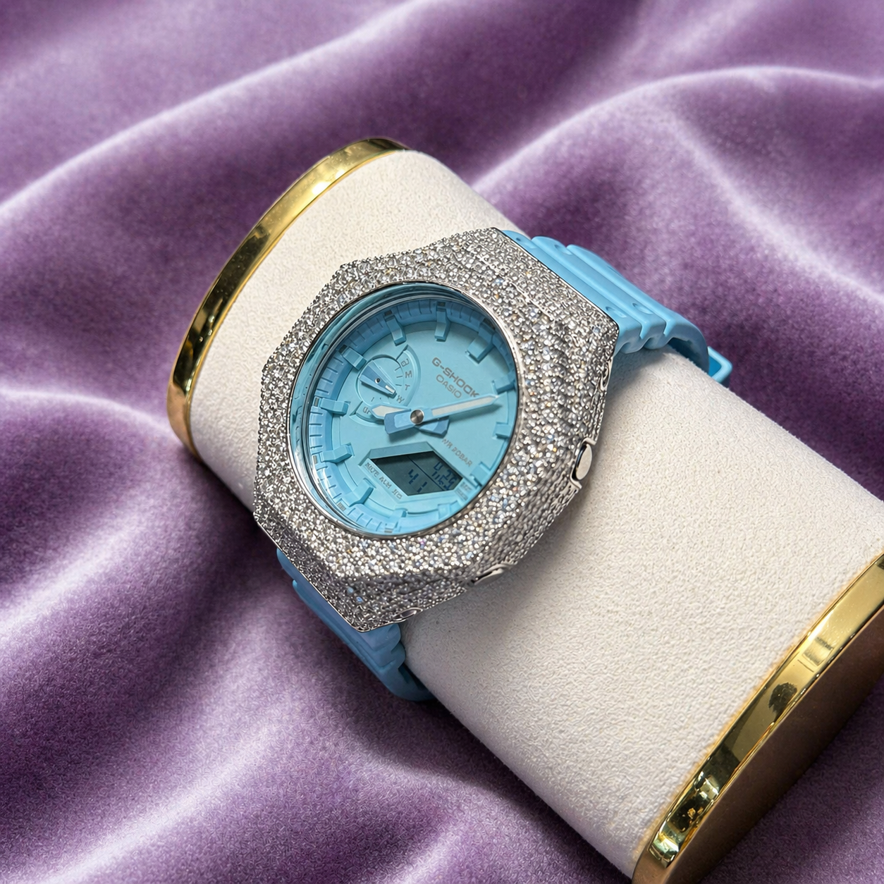 Custom Iced Moissanite 925 Silver Watch Built on Genuine Casio G-SHOCK – Ice Blue