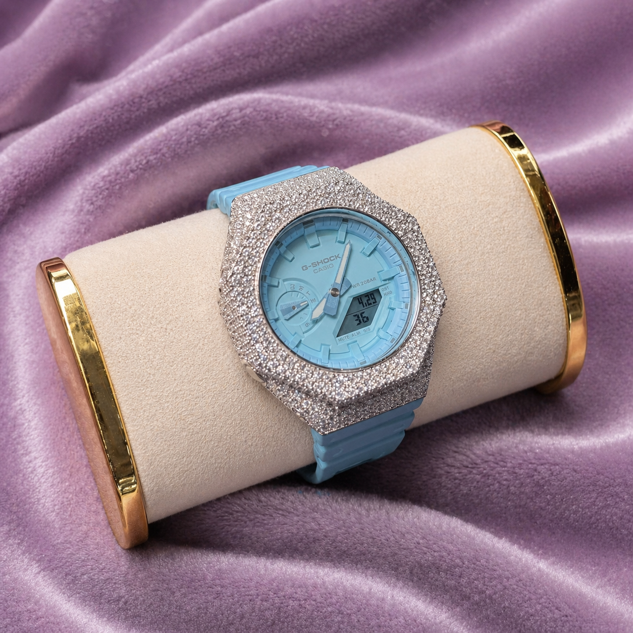 Custom Iced Moissanite 925 Silver Watch Built on Genuine Casio G-SHOCK – Ice Blue
