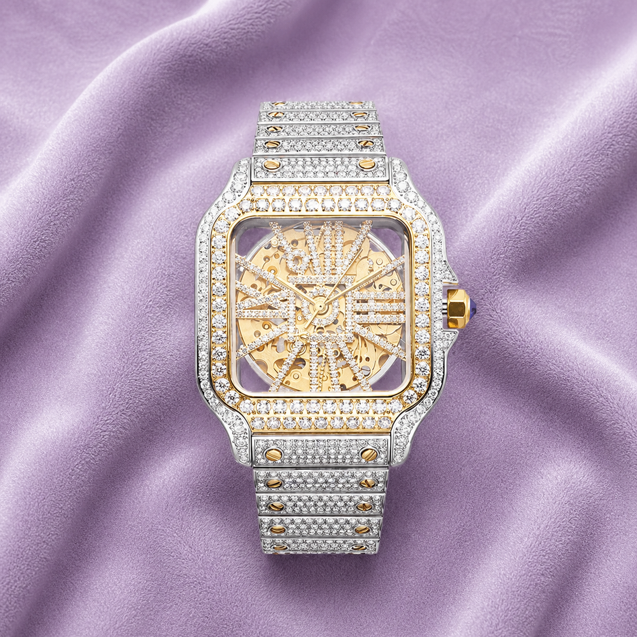 Moissanite Skeleton Watch | 42MM | 14K Yellow Gold | 14.1CT Bust Down