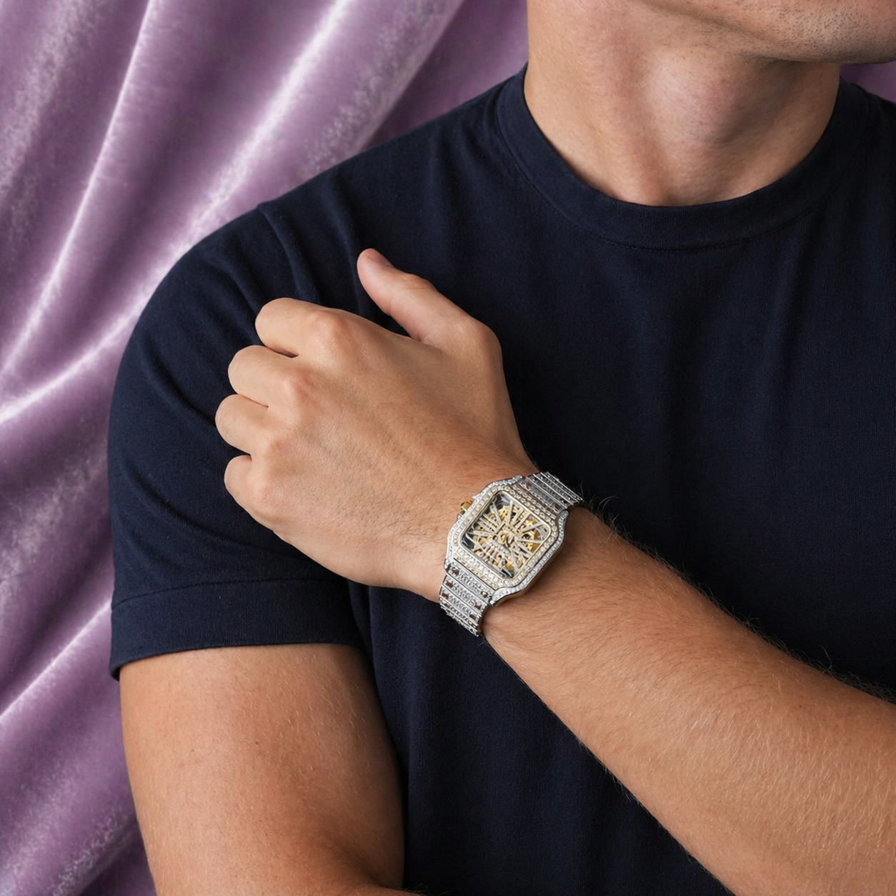 Moissanite Skeleton Watch | 42MM | 14K Yellow Gold | 14.1CT Bust Down