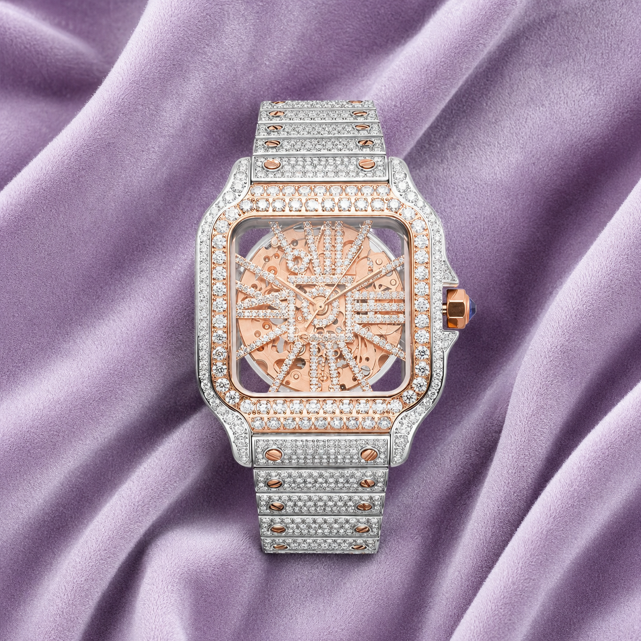 Moissanite Skeleton Watch | 42MM | 14K Rose Gold | 14.1CT Bust Down