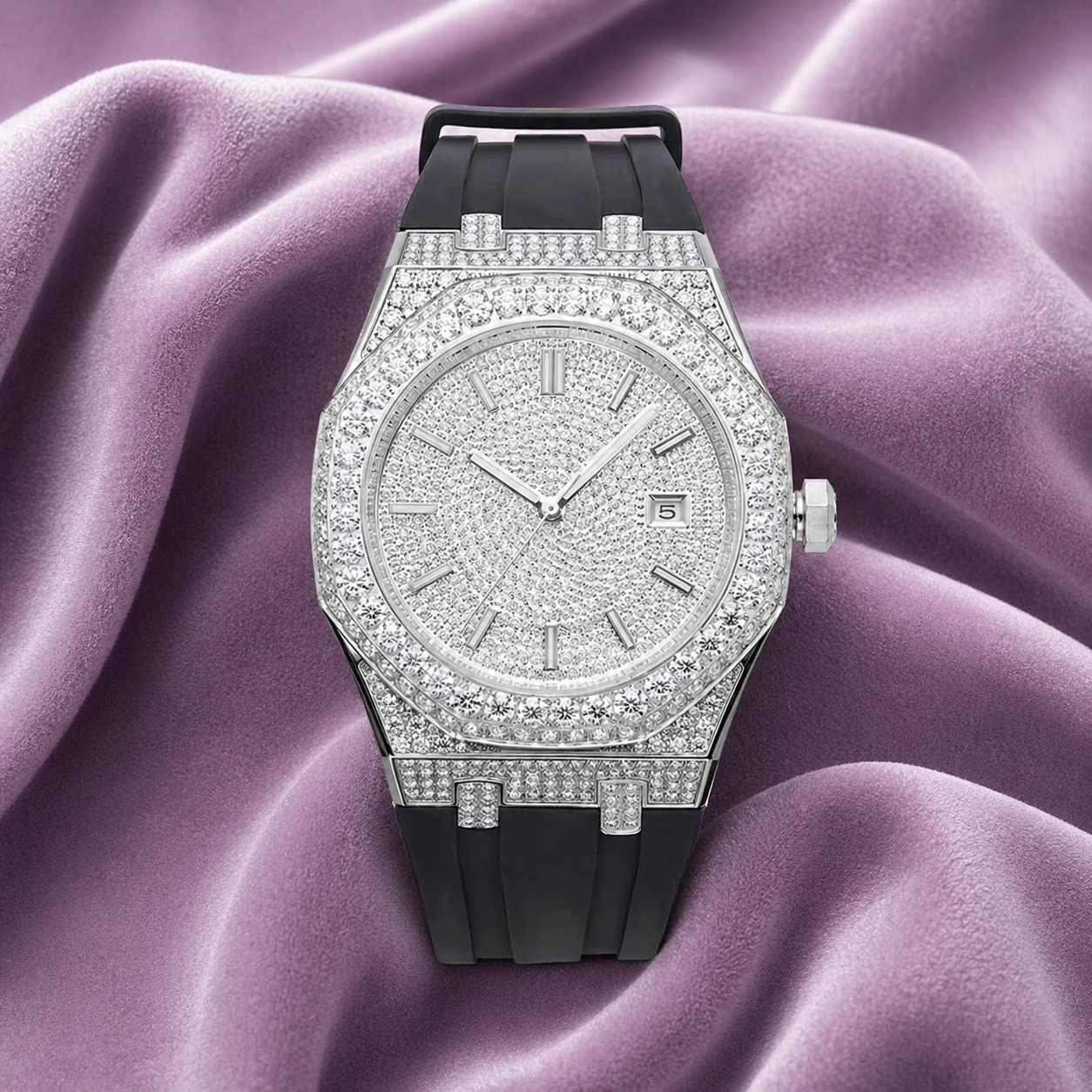 Moissanite Iced Out Silicone Band Watch | 13.5CT | 14K White Gold