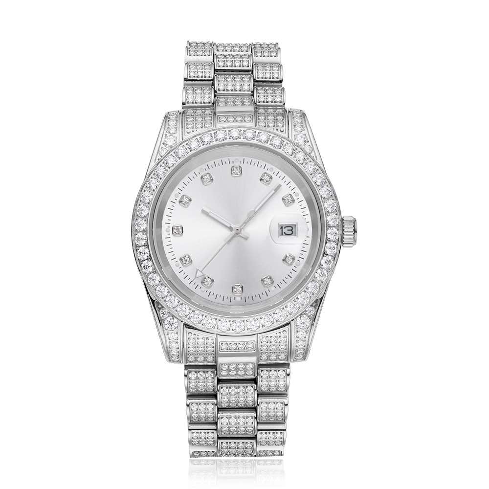 Presidential Moissanite Iced Out Silicone Band Watch 14K white Gold 13.3CT 41mm