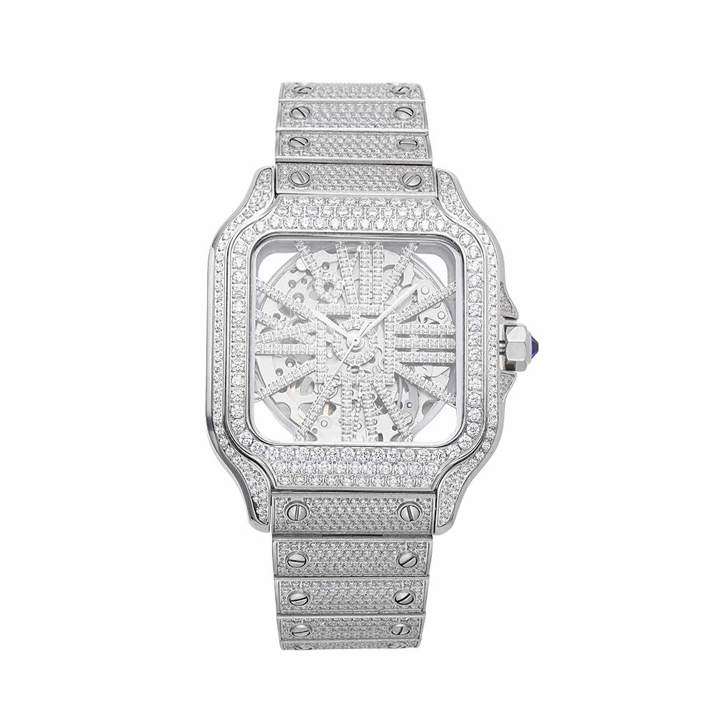 Skeleton Bust Down VVS Moissanite Watch 14K White Gold 42MM 14.1CT